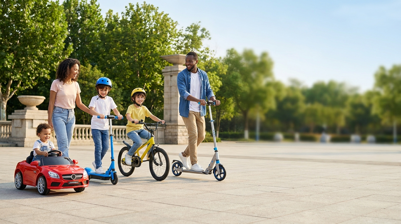Bambini e adulti su veicoli elettrici, monopattini e biciclette - Toys Group